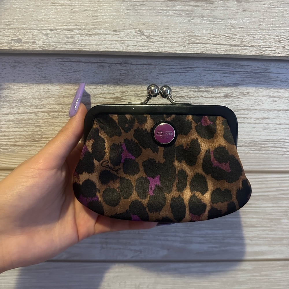 Coach Signature Ocelot Print Framed Kisslock Coin Holder